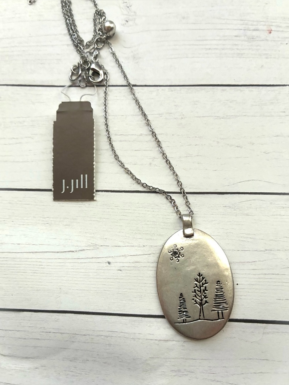 NEW NWT J. Jill Silver Oval Winter Scene Tree Rhinestone Pendant Necklace $39